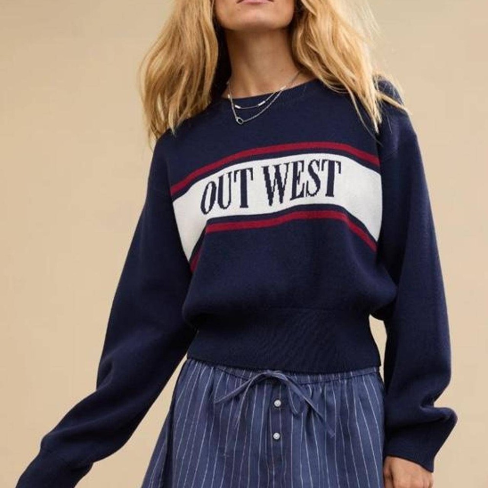 Aerie OUT WEST Navy Blue Crewneck Oversized Cotton Sweater In Women's Medium